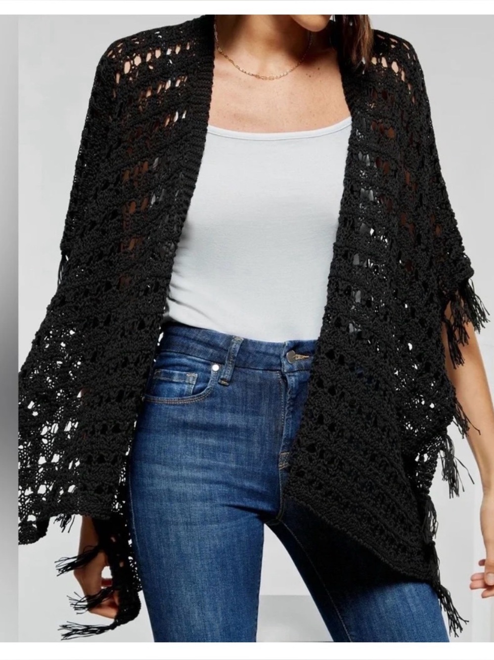 Sundance Black Open Front Crochet Poncho Cardi xs/s